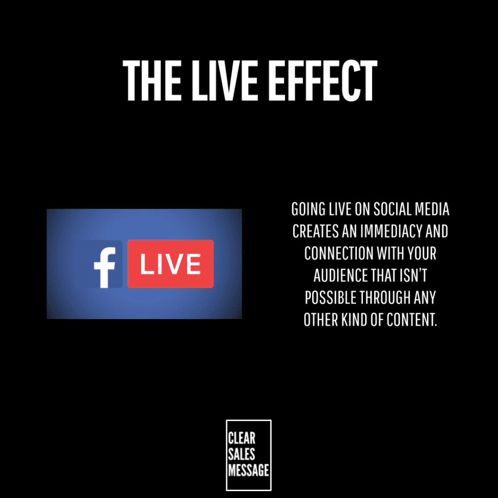 Slide titled the live effect with a facebook live icon on the left and descriptive text about live video creating immediacy on the right bottom clear sales message logo present