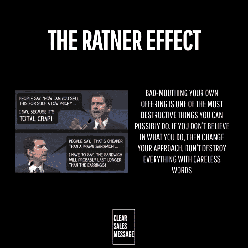 The ratner effect Black poster with title the ratner effect at the top left shows a two panel comic right has a column of sales advice text bottom center shows a clear sales message logo
