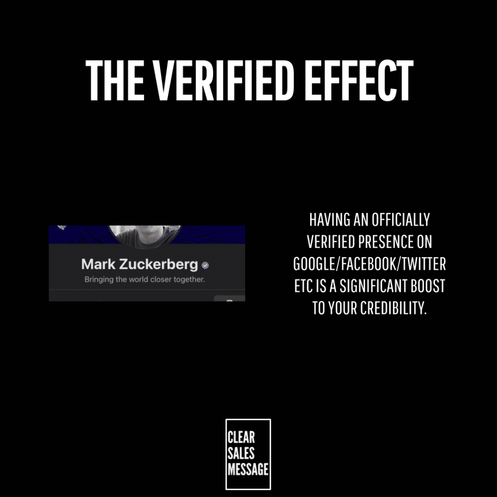 Black slide with the title the verified effect left shows a social profile card right a paragraph about verification boosting credibility bottom center clear sales message outline