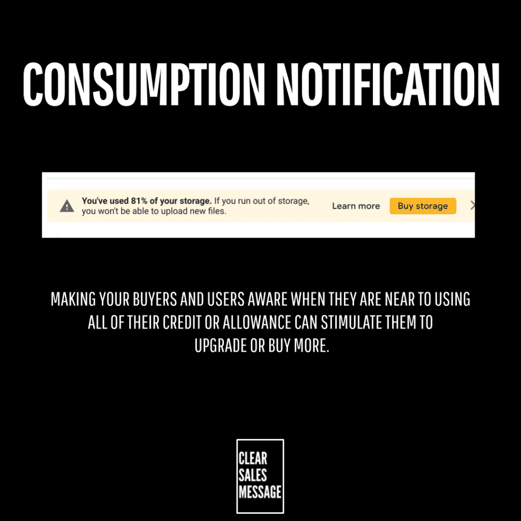 Black slide with large white text consumption notification a beige storage banner then a bold message about prompting upgrades and a clear sales message logo at the bottom