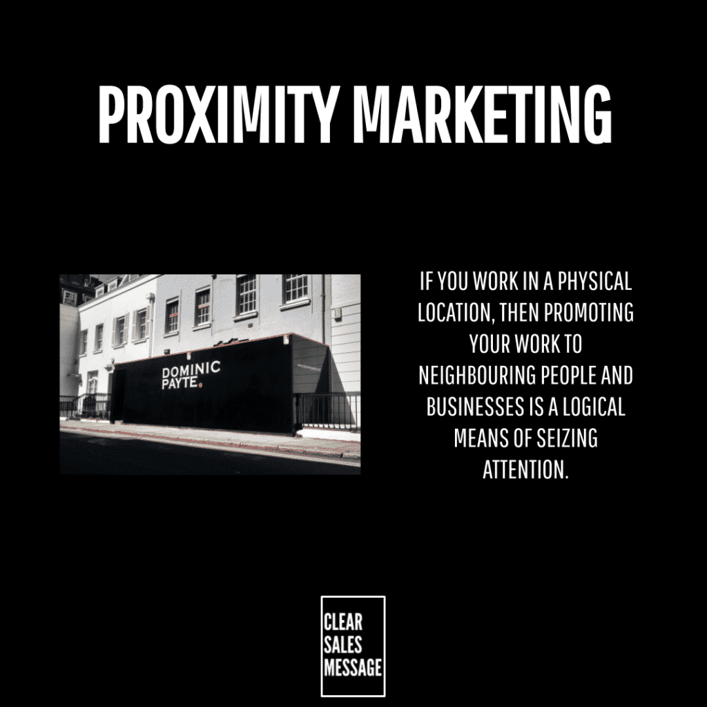 Infographic style image about proximity marketing bold title proximity marketing with a photo of a storefront on the left and a block of explanatory text on the right plus a small clear sales message box at the bottom