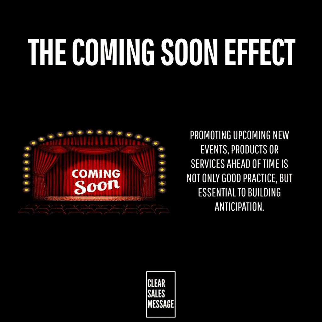 Title the coming soon effect with a red theater stage saying coming soon on a black background right side paragraph explains promotional anticipation bottom small white outlined clear sales message box