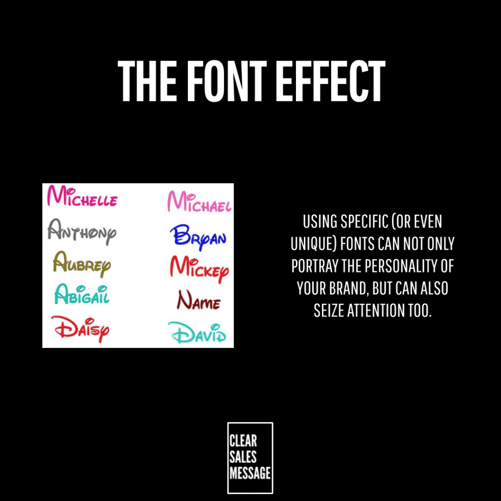 Black slide with the title the font effect left shows a white square with colorful handwritten names right side contains text about fonts and brand attention bottom small clear sales message logo