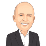 Cartoon avatar of a smiling bald man in a dark suit and white shirt facing forward