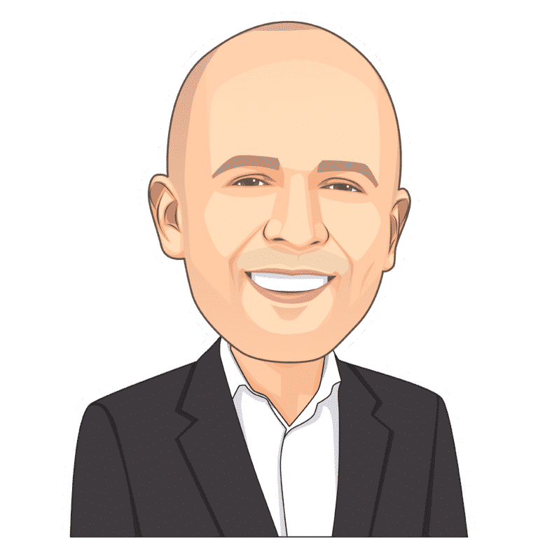 Cartoon avatar of a smiling bald man in a dark suit and white shirt facing forward