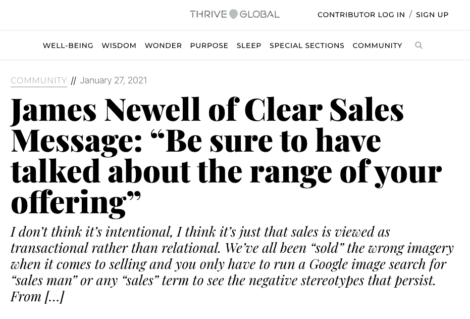 Thrive global article header james newell of clear sales messagebe sure to have talked about the range of your offering italic subtitle