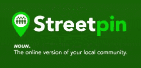Screenshot 2021 02 08 at 10 37 45 Green banner with streetpin logo a white wordmark and pin icon on a green background plus the slogan the online version of your local community
