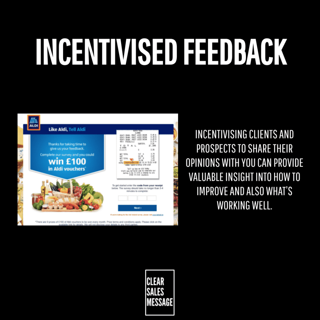Slide titled incentivised feedback showing an aldi rewards screenshot left and a text panel about incentivising client feedback right bottom clear sales message logo