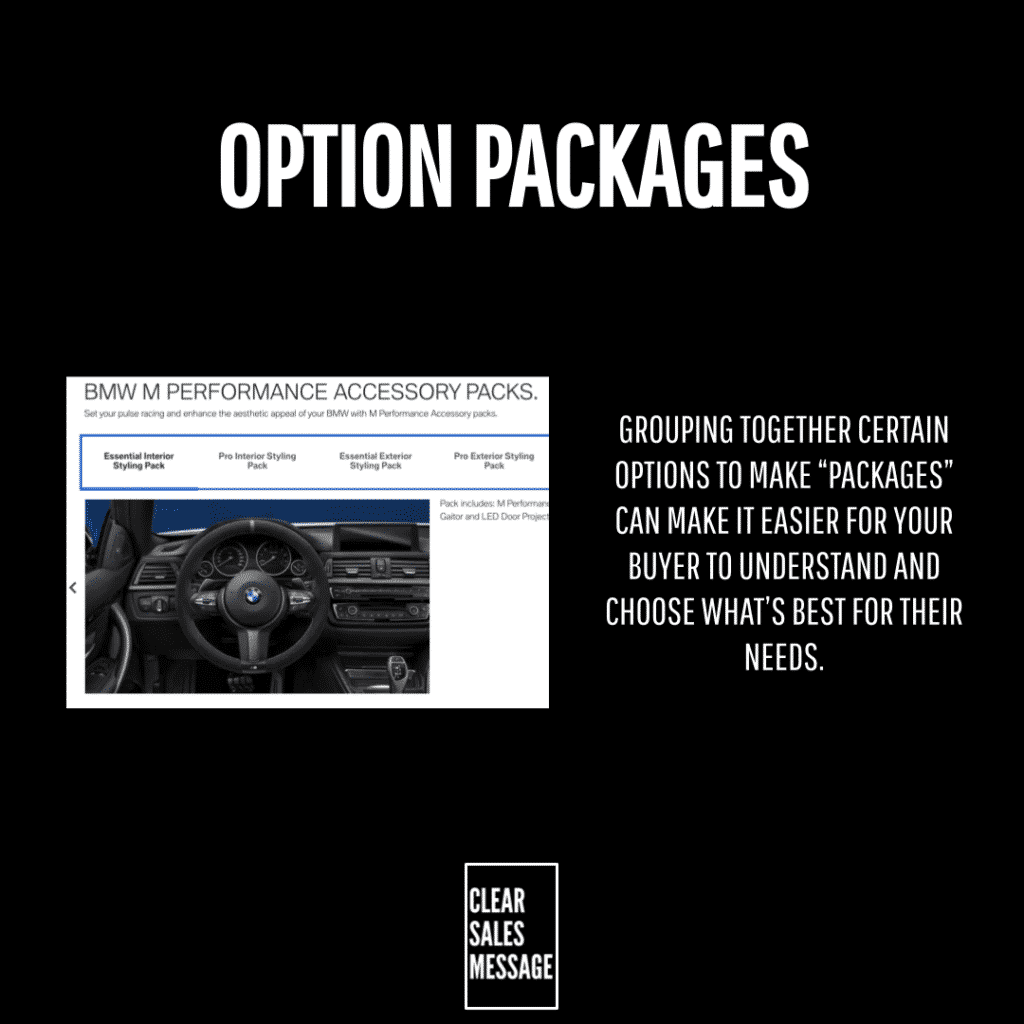 Option packages Slide titled option packages on a black background with a bmw interior image on the left and a rightside block of text about grouping options for buyers small clear sales message logo at the bottom