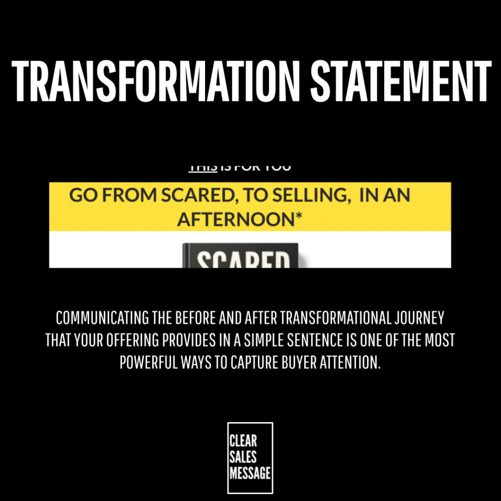 Transformation statement Black marketing hero with a bold transformation statement headline yellow banner reading go from scared to selling in an afternoon and a clear sales message logo at the bottom