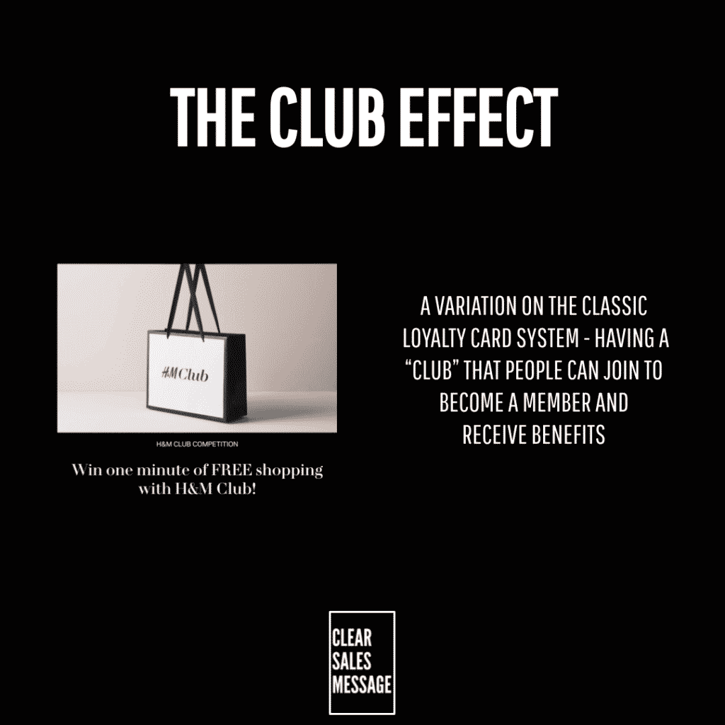 Poster titled the club effect left shows an hm club shopping bag right explains a loyalty program that offers benefits and membership