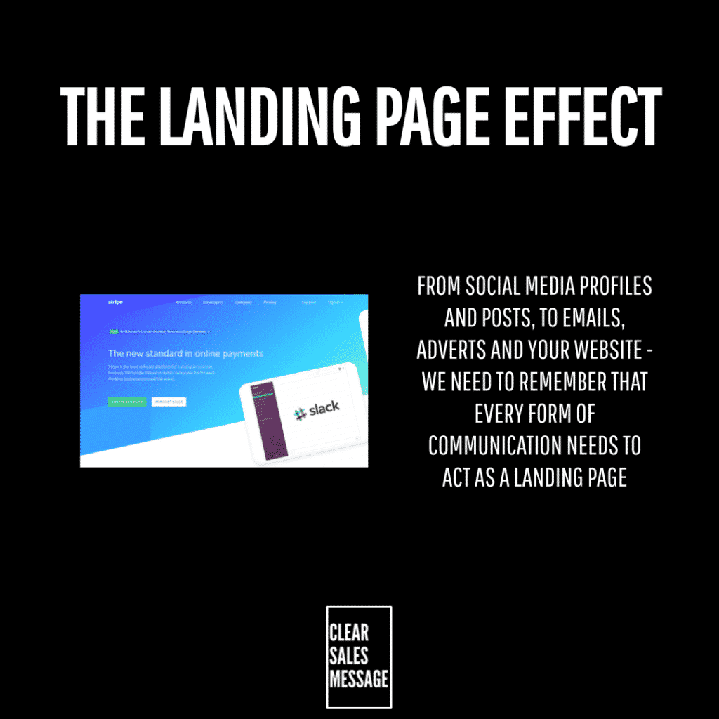Slide titled the landing page effect with a left blue website screenshot right bold text block and a small clear sales message logo at the bottom