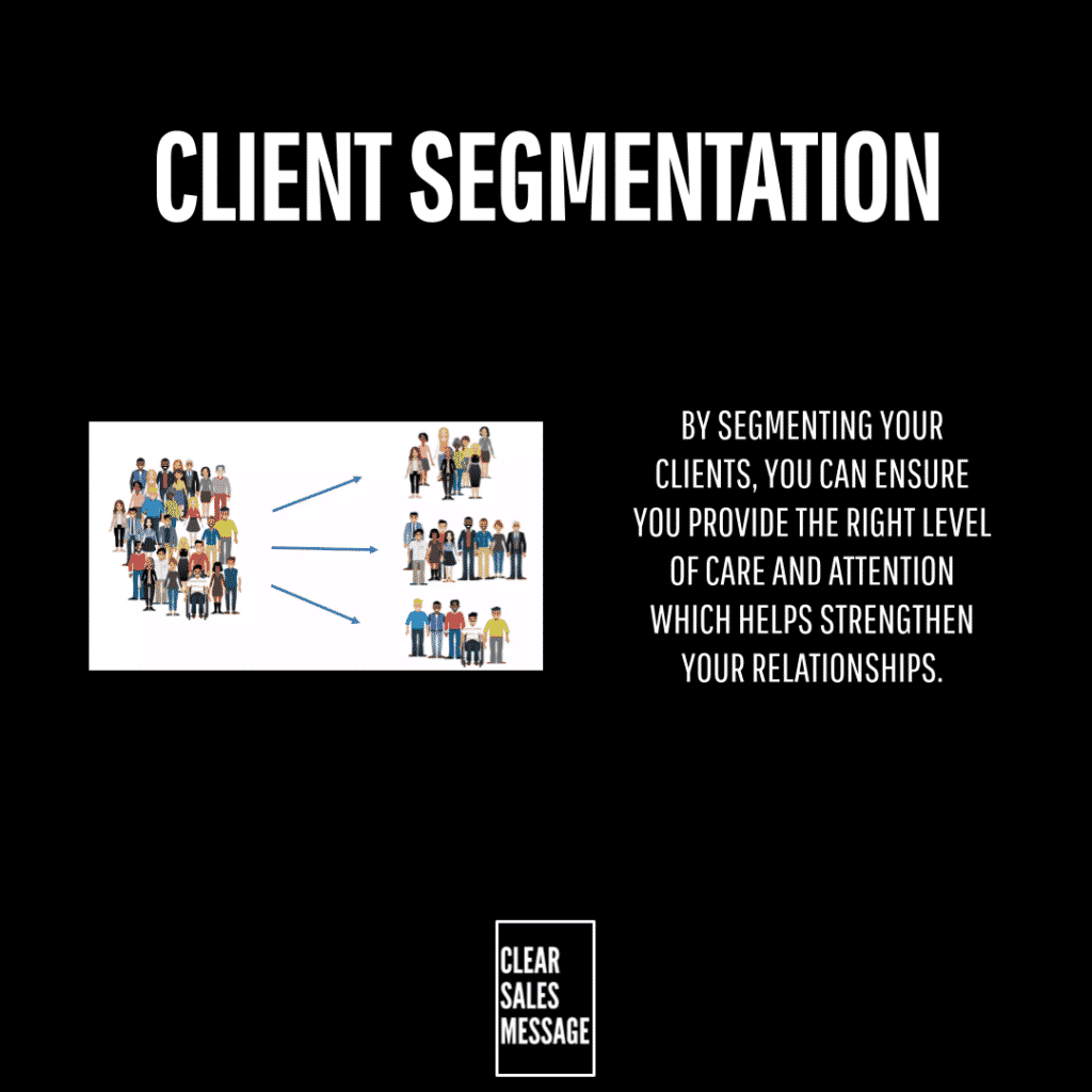 Slide titled client segmentation with a large audience on the left split into smaller groups via arrows and supporting copy about segmenting clients to tailor care on the right Logo clear sales message at bottom