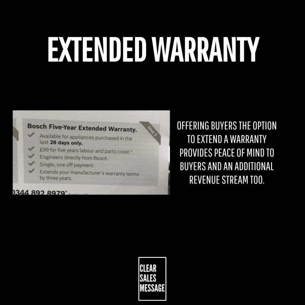 Advertisement slide large extended warranty headline on black background left shows a grayscale warranty card right column explains the offer bottom displays a clear sales message logo