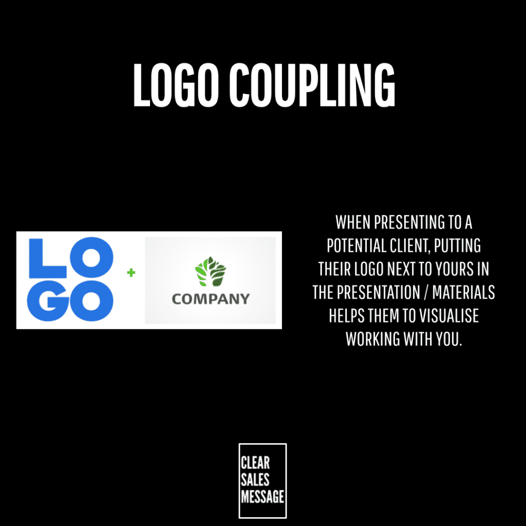 Black slide titled logo coupling with two logos logo + company on the left and explanatory text on the right describing showing a client logo next to yours in a presentation plus a clear sales message box at the bottom