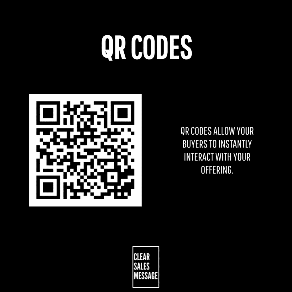 Qr codes Marketing graphic with large qr codes headline a qr code on the left and the caption qr codes allow your buyers to instantly interact with your offering small clear sales message logo at the bottom
