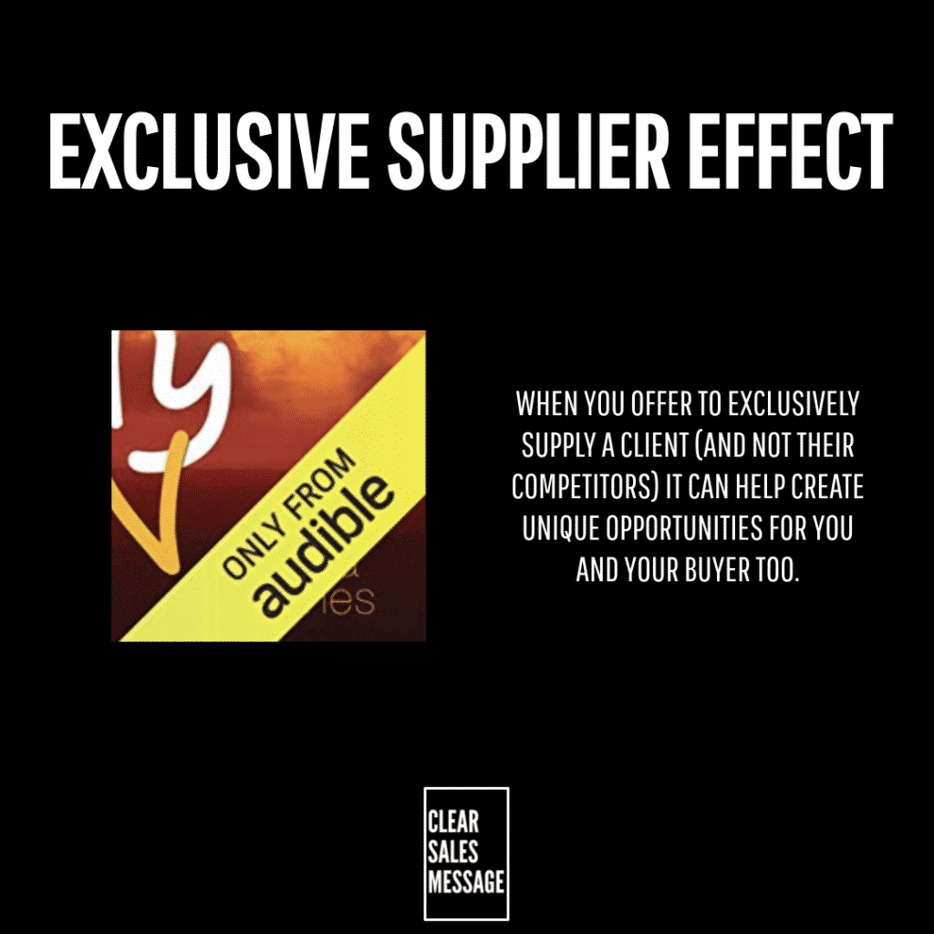 Marketing slide titled exclusive supplier effect with a left image of a logo and yellow banner and a right aligned paragraph explaining exclusive supply benefits small clear sales message badge at bottom