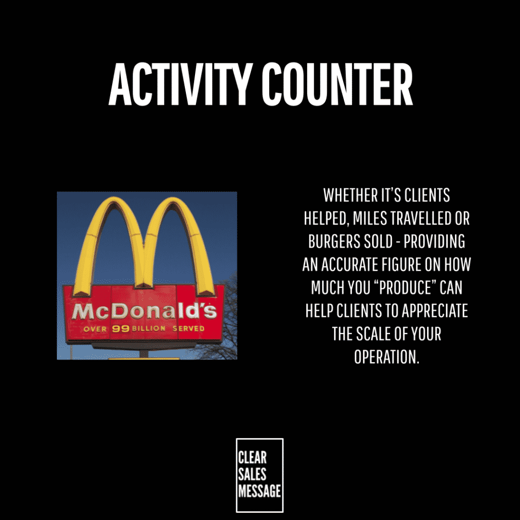Slide titled activity counter mcdonalds sign on the left explanatory text on the right plus a small clear sales message box below