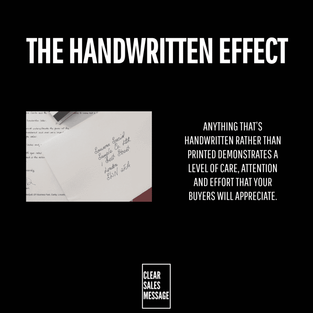 Black page hero with the bold title the handwritten effect left shows a photo of a handwritten letter right a block of explanatory text about handwritten care small clear sales message logo at bottom center