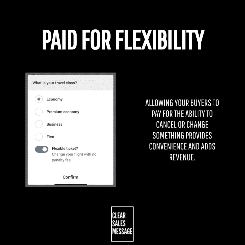 Black backdrop with the large title paid for flexibility a mobile flight booking form showing a flexible ticket  toggle and a right side message about convenience and revenue small clear sales message logo at bottom