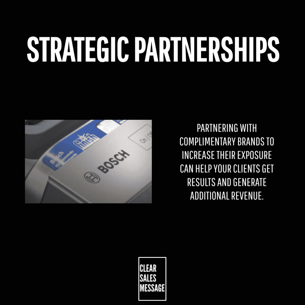 Slide titled strategic partnerships with a bosch device image on the left and text about partnering with brands on the right on a black background