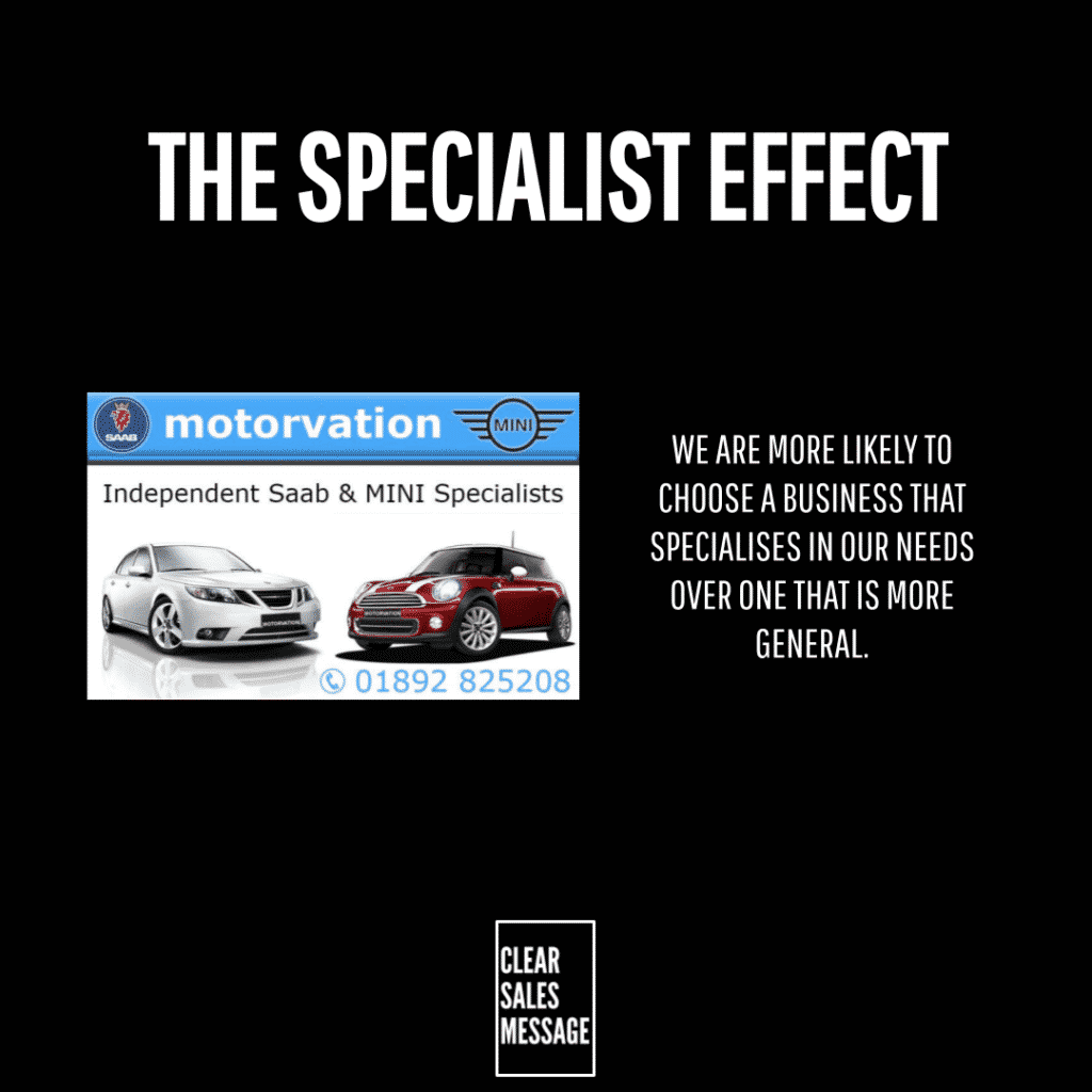 Slide titled the specialist effect with a car dealership banner two cars and a bold message about choosing specialists bottom clear sales message box
