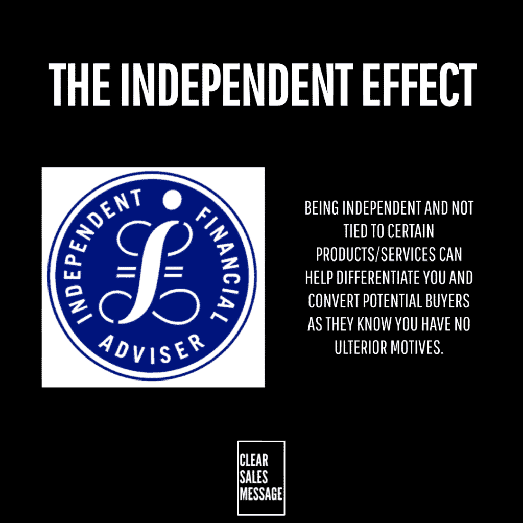 Poster style image titled the independent effect featuring a blue circular independent financial adviser logo and a bold paragraph about independence in financial services on a black background Includes a small white bordered clear sales message box at the bottom