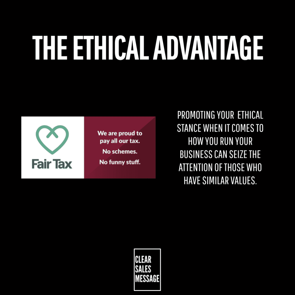 Black slide with the title the ethical advantage left fair tax logo panel right paragraph about promoting ethical stance small clear sales message badge at bottom center