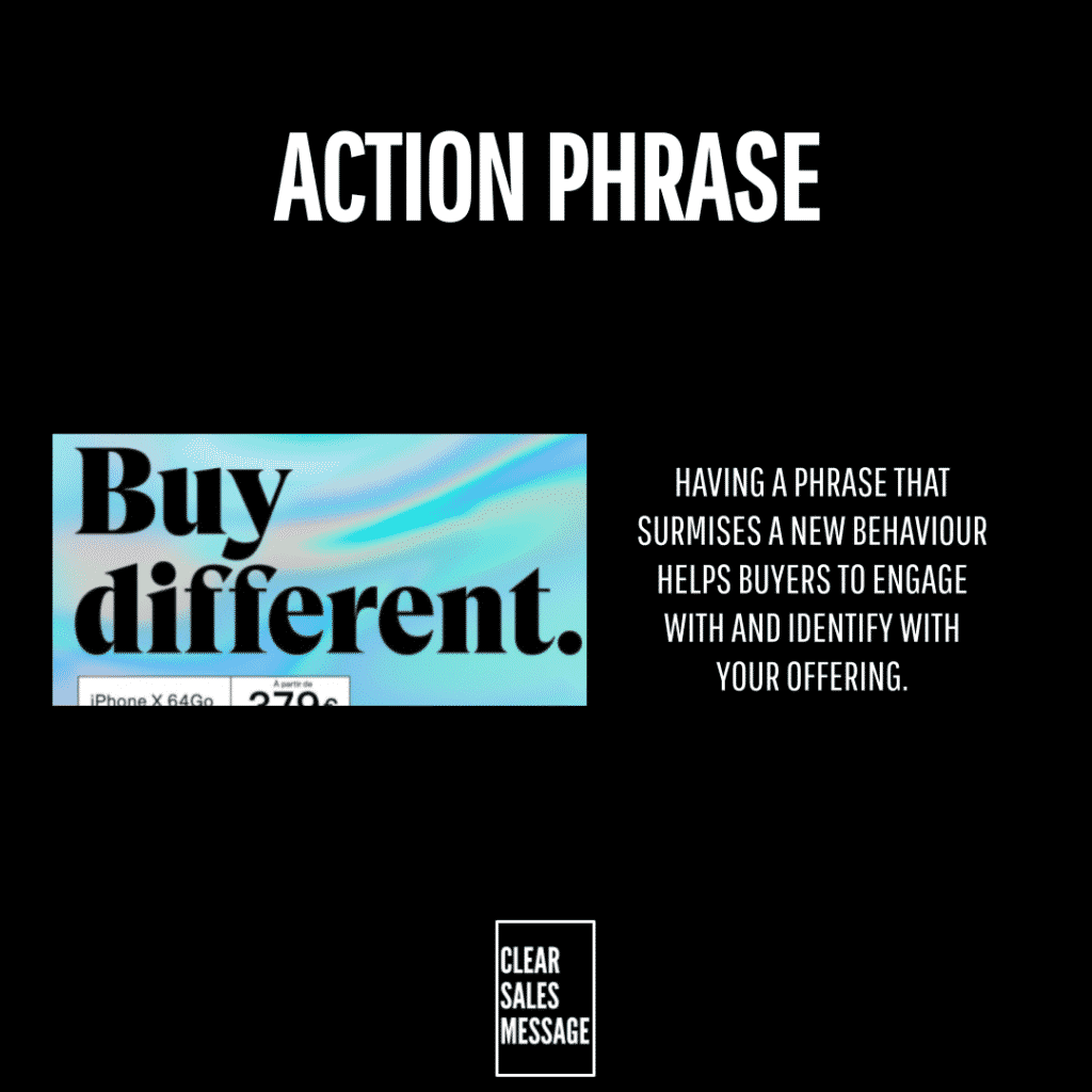 Slide titled action phrase with a left colorful buy different  ad and right side text explaining how a phrase guides buyer behavior small clear sales message logo at bottom