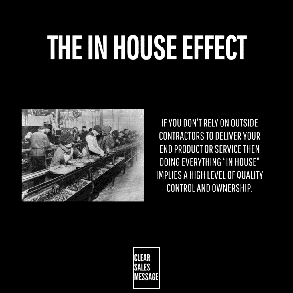 Poster style graphic titled the in house effect left grayscale photo of factory workers on a conveyor line right a block of text arguing for keeping end products in house small clear sales message logo at the bottom