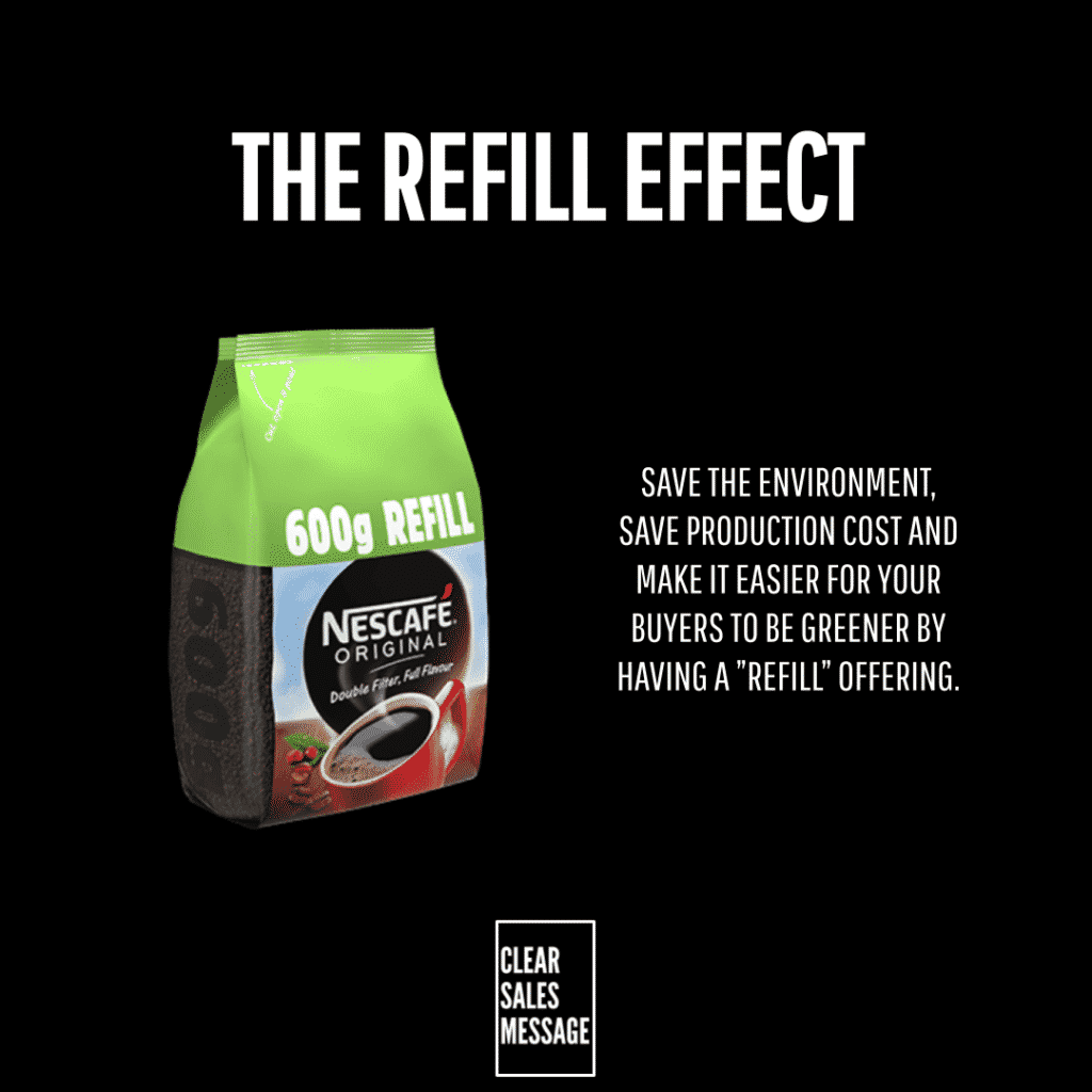Black poster with the title the refill effect left side shows a green 600g nescafé refill bag right side has a white text panel about saving the environment and costs bottom shows a clear sales message box