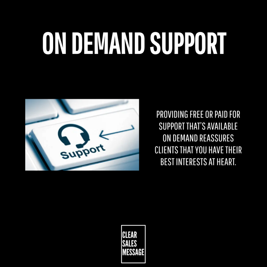 Slide about on demand support close up of a support key and a paragraph explaining on demand help for clients black background with logo at bottom