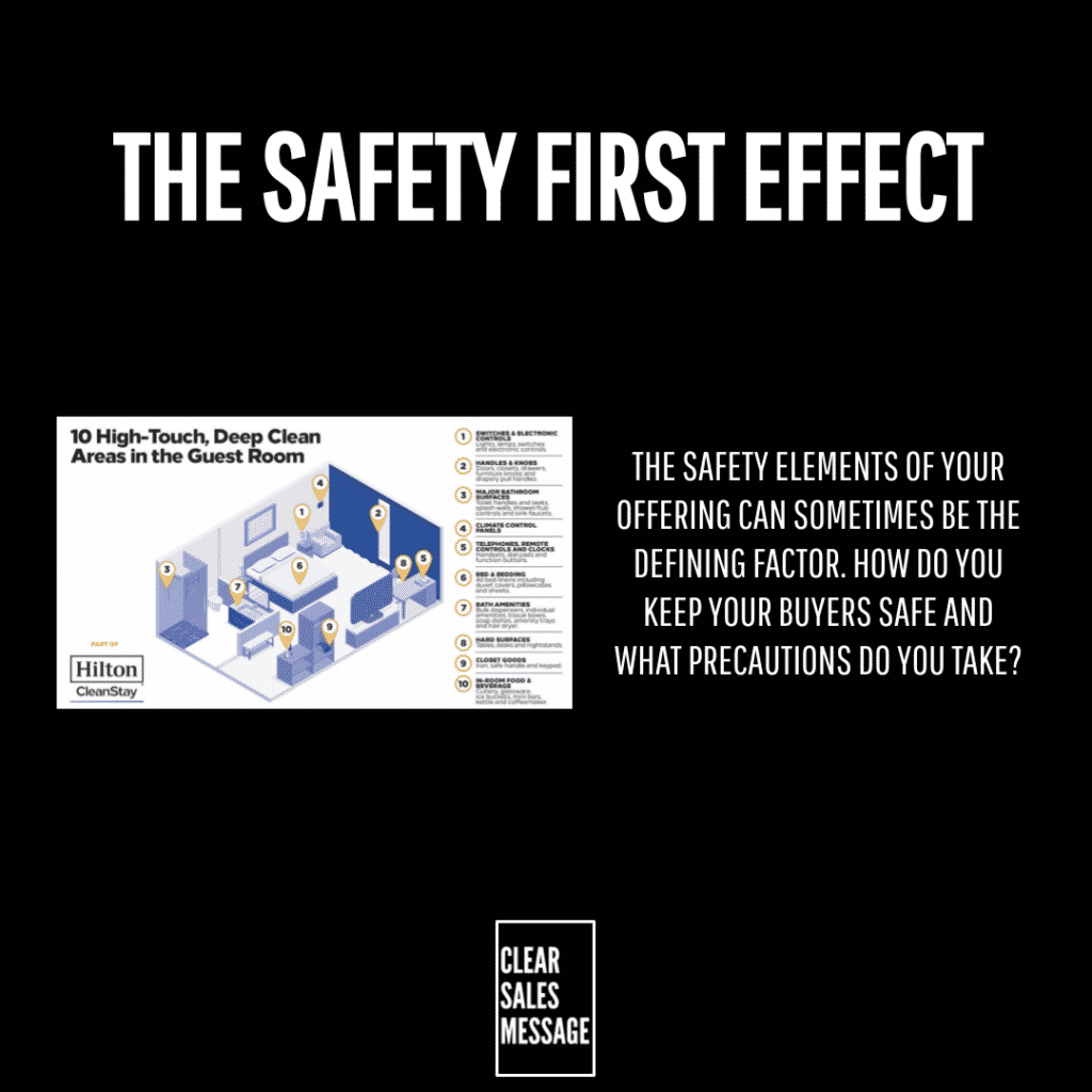 Cover slide the safety first effect with a hilton cleanstay safety diagram on the left and a safety question on the right clear sales message logo bottom center