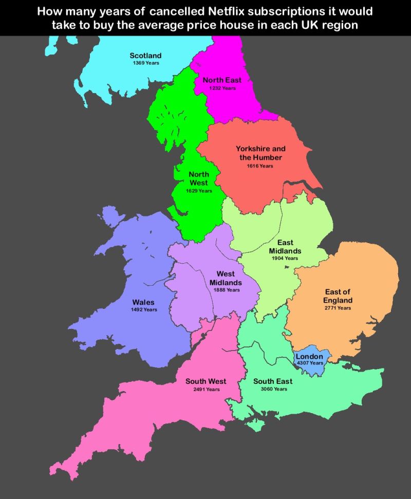 Infographic map of the uk showing regions with years of netflix subscriptions needed to buy a average uk house e G  scotland 1369 years etc