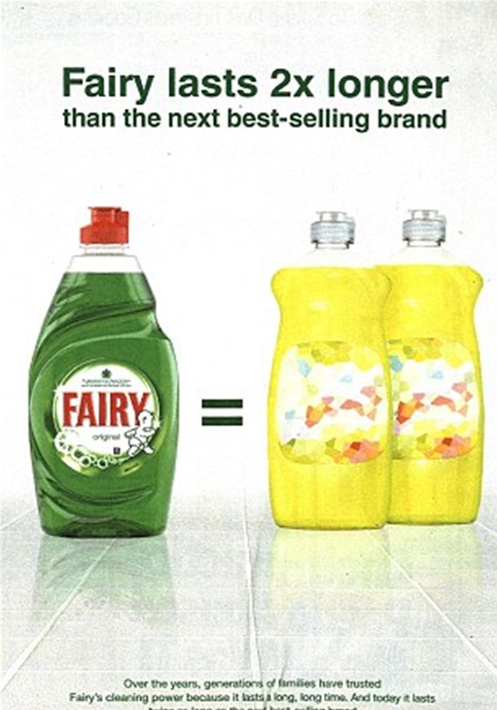 Ad green fairy dishwashing liquid left two yellow bottles on the right headline reads fairy lasts 2x longer than the next best selling brand