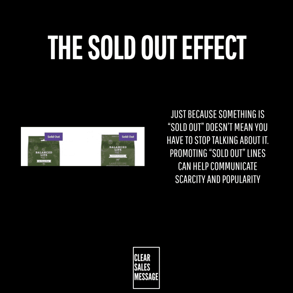 Black poster with the title the sold out effect right side paragraph about scarcity two product images labeled sold out on the left and a white outlined clear sales message box at the bottom