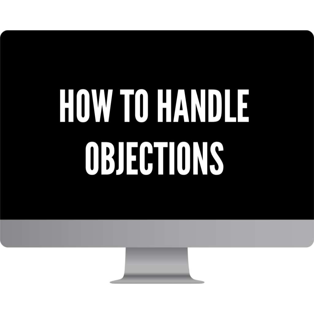 Monitor displaying a bold title how to handle objections on a black screen presentation slide