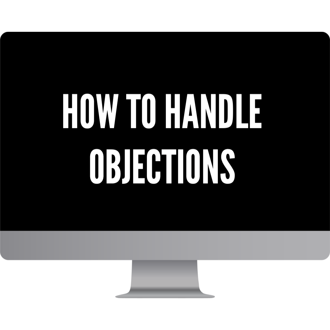 Monitor displaying a bold title how to handle objections on a black screen presentation slide