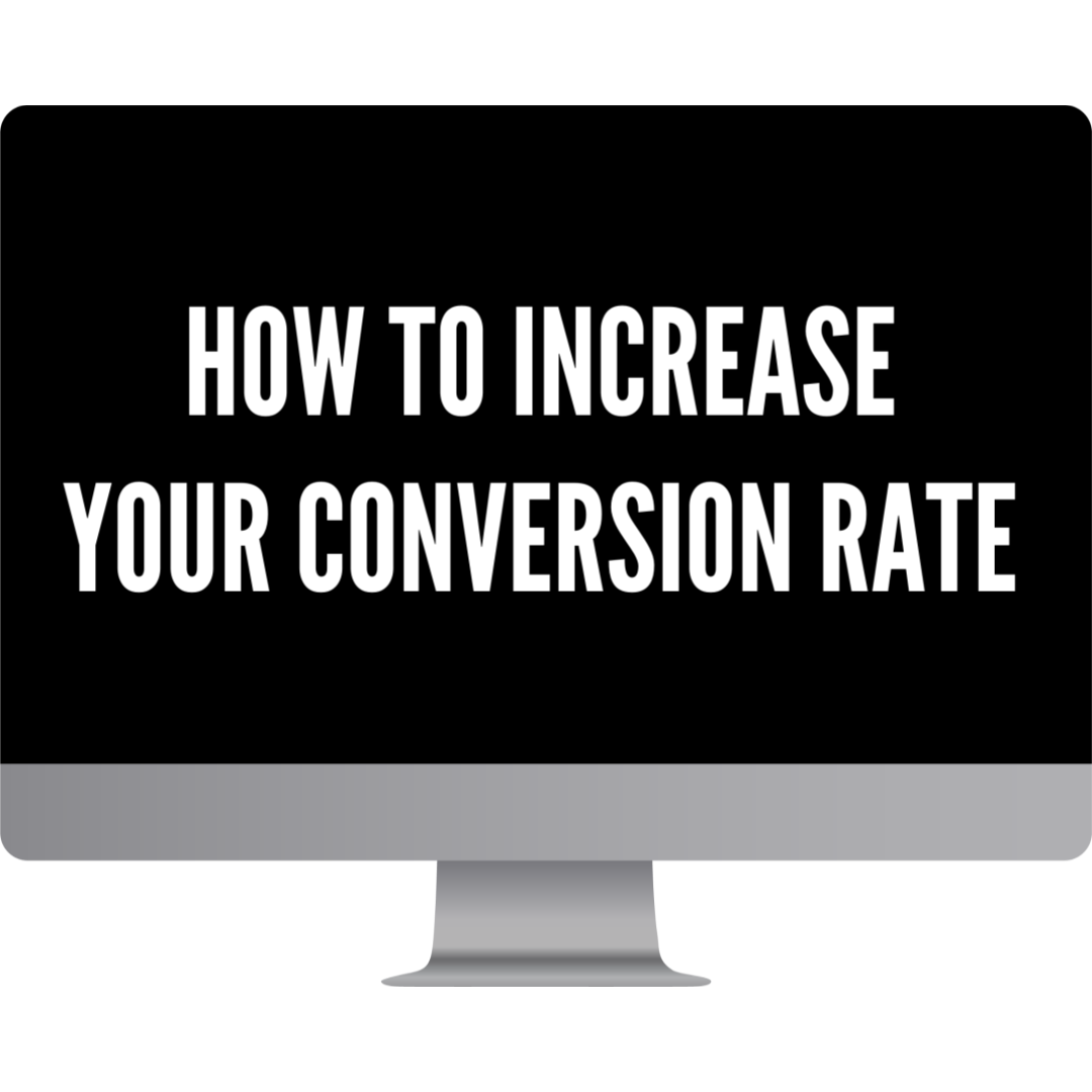 Computer monitor showing bold white text how to increase your conversion rate on a black screen