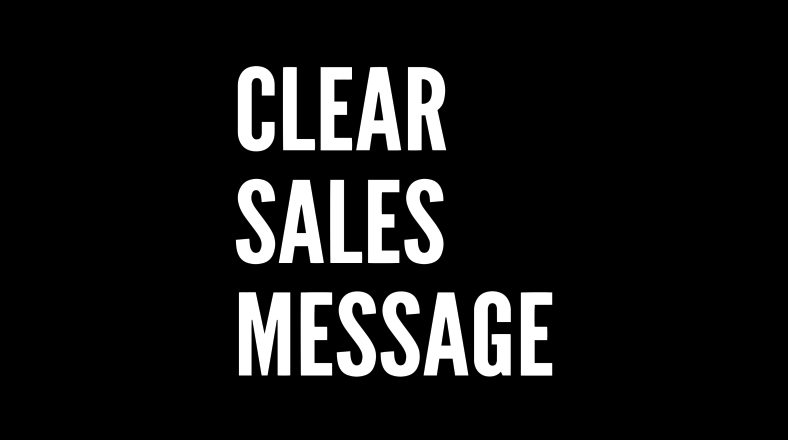Bold white words stacked on a black background clear sales message
