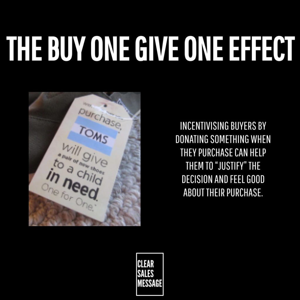 Poster style graphic titled the buy one give one effect with a product tag stating will give to a child in need beside explanatory text on a black background
