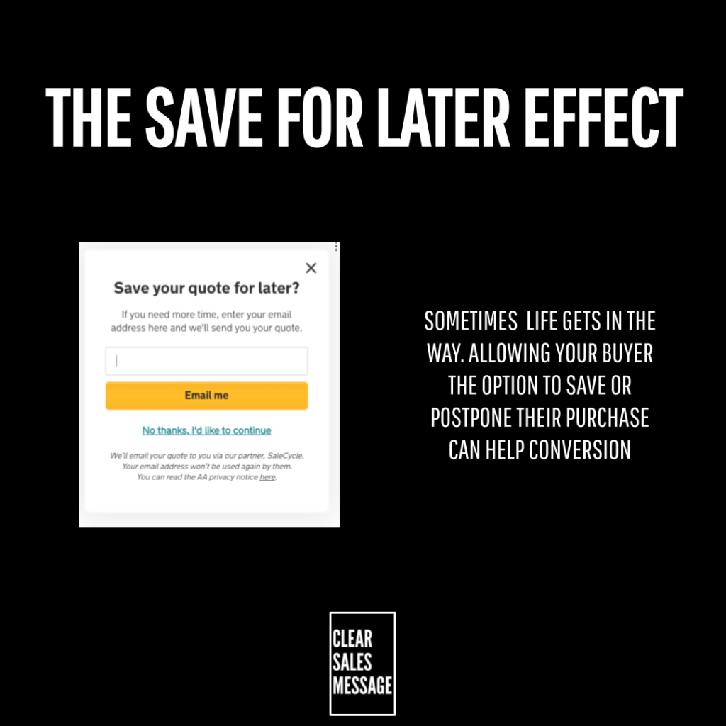 Black marketing graphic about the save for later effect a small popup form on the left that says save your quote for later  a right side tip about letting buyers save or postpone purchases to boost conversions and a clear sales message logo at the bottom