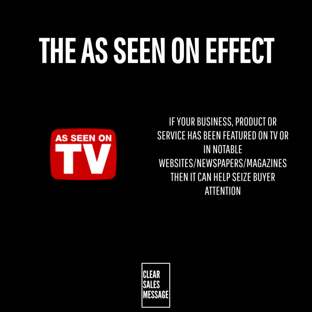 The as seen on effect 1 Black promotional slide with large white text the as seen on effect red as seen on tv logo on left white paragraph on right about features and buyer attention small clear sales message logo at bottom center