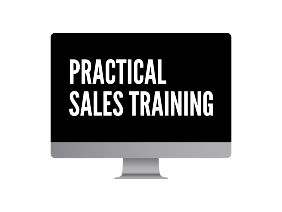 Graphic of a computer monitor displaying the words practical sales training for a promotional banner