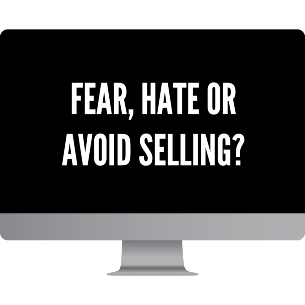 On a black computer screen bold white text asks fear hate or avoid selling