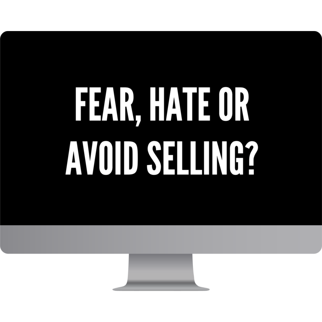 On a black computer screen bold white text asks fear hate or avoid selling