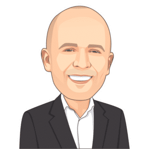 Cartoon illustration of a bald man in a dark suit and white shirt smiling warmly