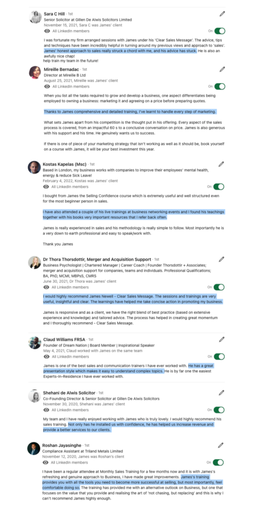 Series of linkedin style client testimonials praising james sales training with names titles and quoted highlights highlighted in blue