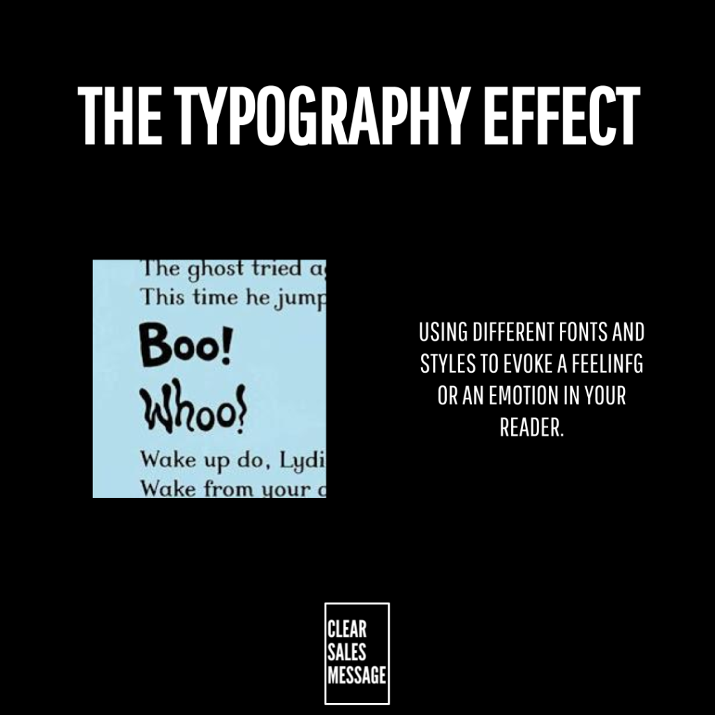 The typography effect Black poster titled the typography effect with a small book cover image on the left explanatory typography text on the right and a white bordered clear sales message box at the bottom