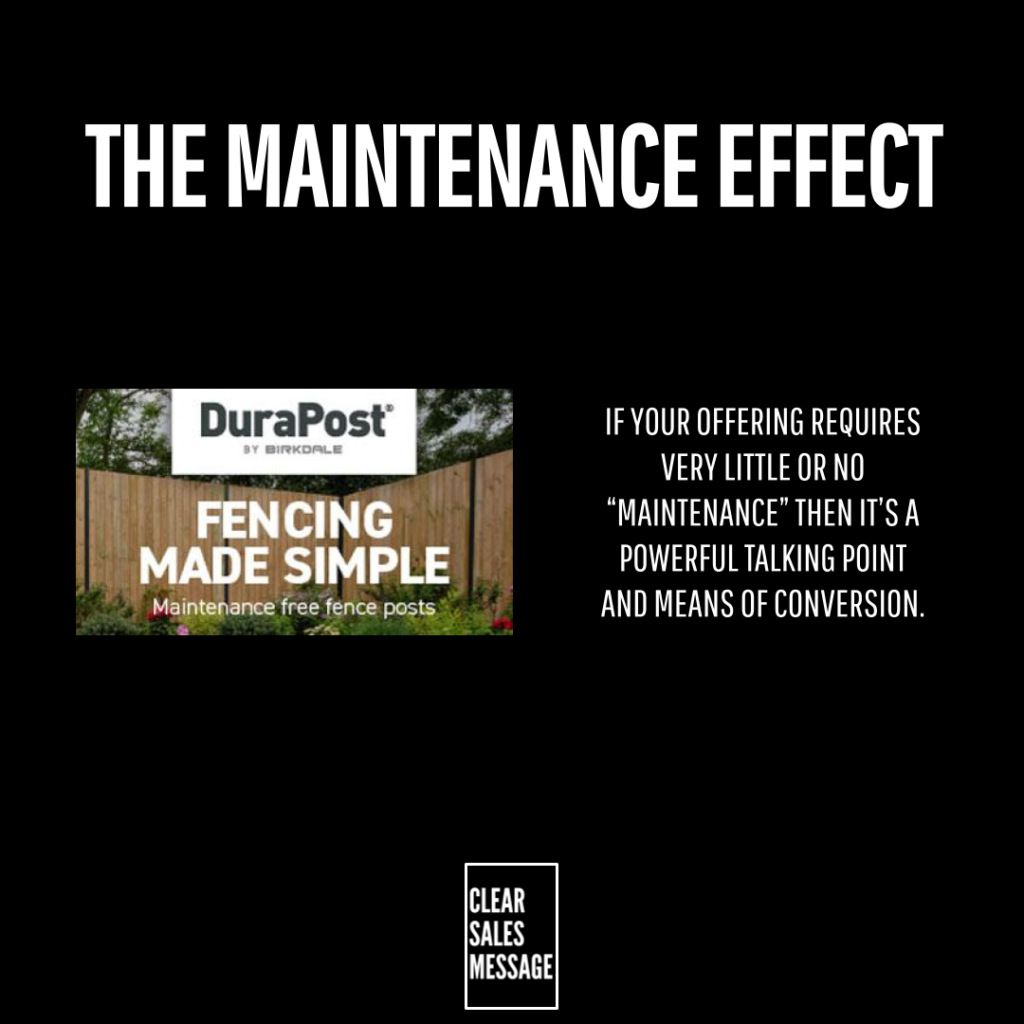 Black poster with the headline the maintenance effect left shows a durapost fence ad reading fencing made simple right side explains maintenance boosts conversions bottom clear sales message logo